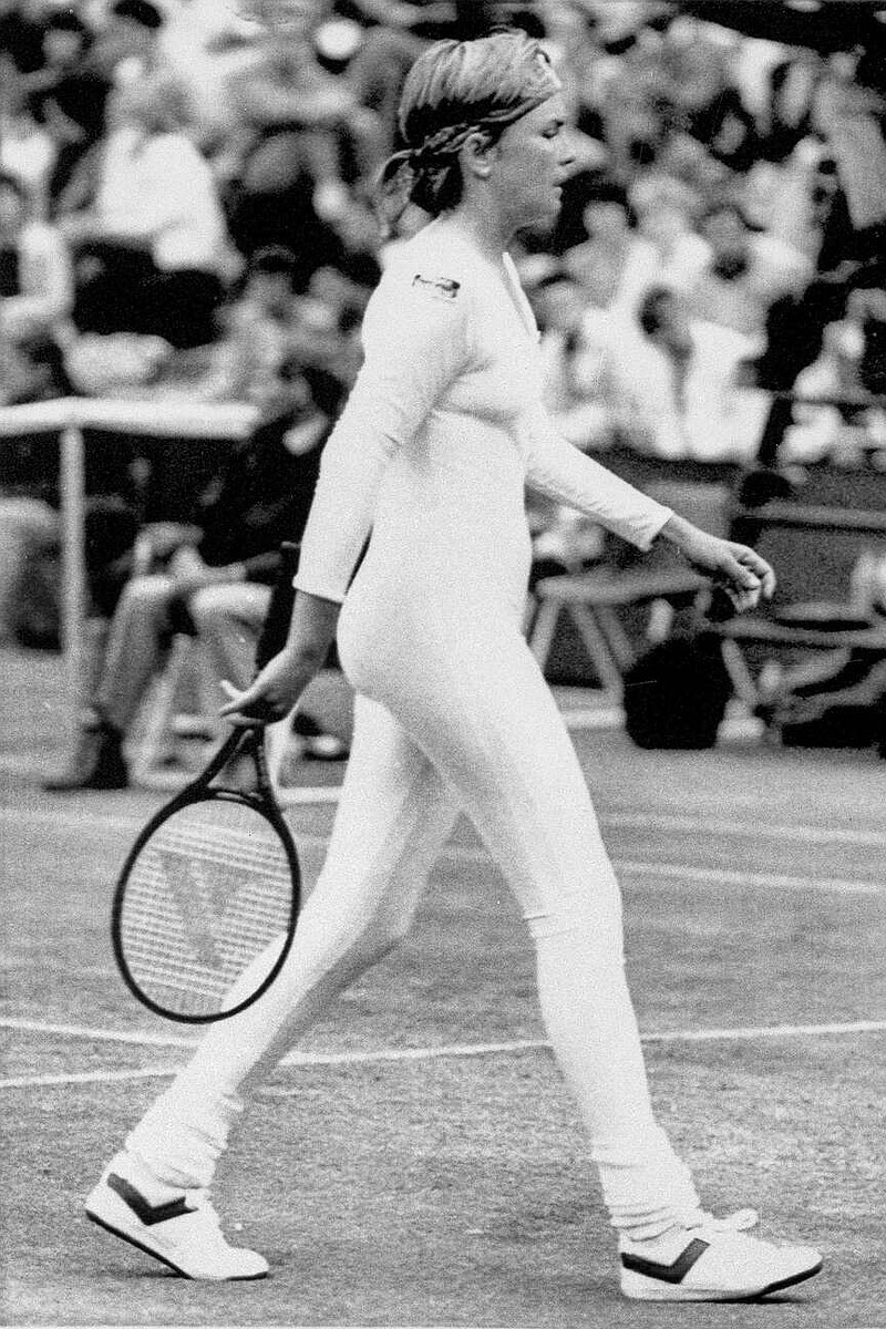 FILE - Tennis player Anne White, of the United States, is shown in a tight-fitting body suit, which she has been banned from wearing in her resumed match tomorrow, against fellow American Pam Shriver on June 28, 1985. (AP Photo/Seelan Naidoo, File)