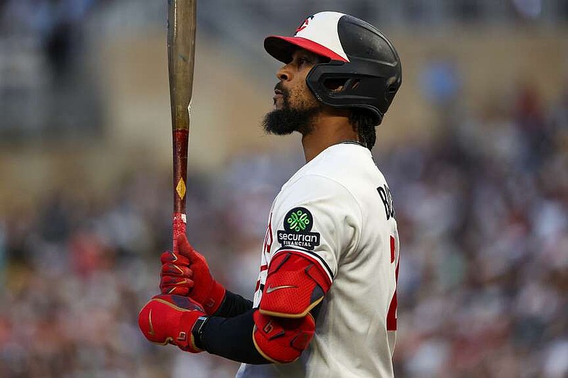 Minnesota Twins' Byron Buxton prepares for an at-bat against the Los Angeles Dodgers during the eighth inning of a baseball game, Monday, June 22, 2026, in Minneapolis. (AP Photo/Matt Krohn)