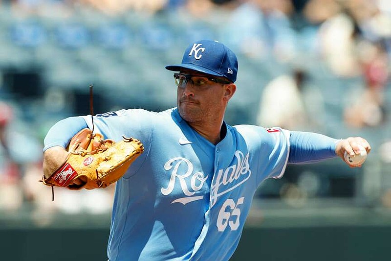 Kansas City Royals pitcher Noah Cameron throws from the mound during the first inning of a baseball game against the Philadelphia Phillies in Kansas City, Mo., Monday, July 6, 2026. (AP Photo/Colin E. Braley)
