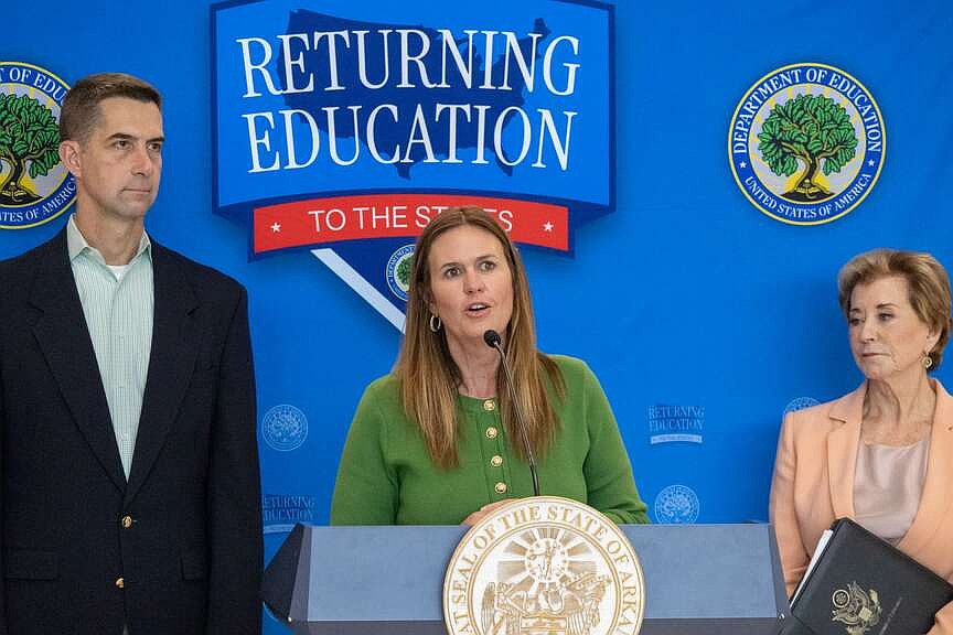 Gov. Sarah Huckabee Sanders, state Education Secretary Jacob Oliva and U.S. Sen. Tom Cotton, R-Ark., joined U.S. Education Secretary Linda McMahon Tuesday at Hot Springs Junior Academy where McMahon announced the approval of a Reclaiming Ar