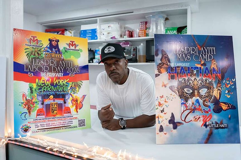 Haitian-American Jesus Luc poses for a portrait ahead of the West Indian Day Parade, Thursday, Sept. 3, 2026, in the Brooklyn borough of New York. (AP Photo/Adam Gray)