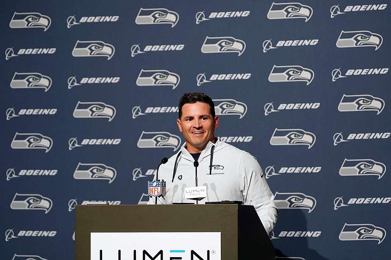 Seattle Seahawks head coach Mike Macdonald speaks during a news conference after an NFL football game against the Los Angeles Chargers, Sunday, Oct. 4, 2026, in Seattle. (AP Photo/Lindsey Wasson)
