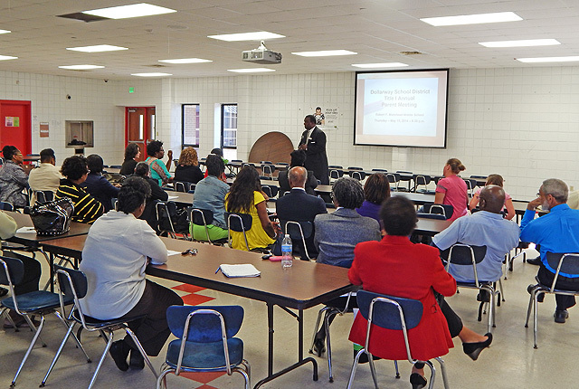 Dollarway’s Acklin fields questions about test scores, teachers at town hall