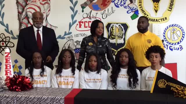 UAPB Cheer Coach Karen Bradley Blunt speaks during a signing ceremony at Watson Chapel