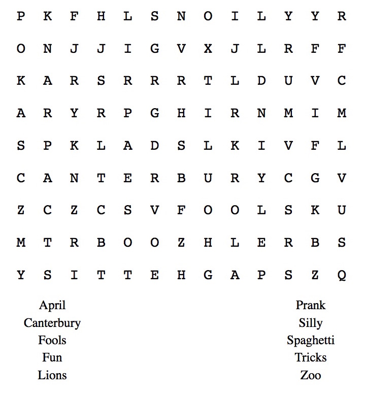 Kids activity: April Fools’! (Includes coloring pages, a drawing activity and a wordsearch)