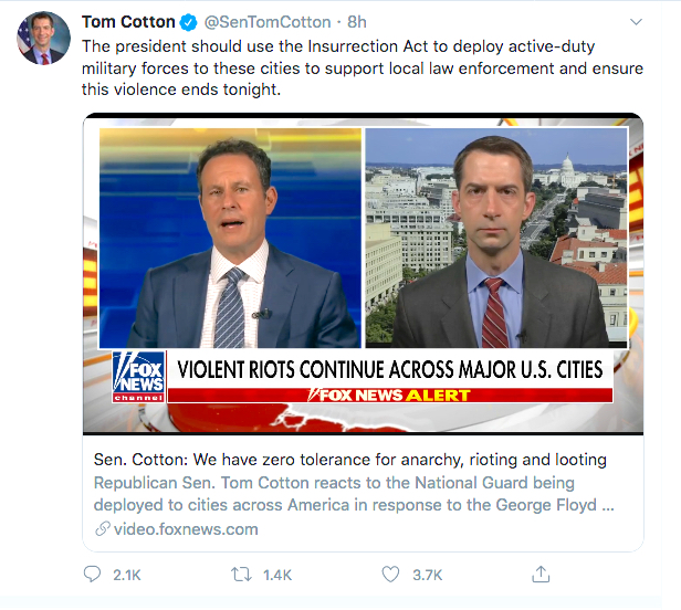 Cotton calls for ‘Insurrection Act’ on Twitter