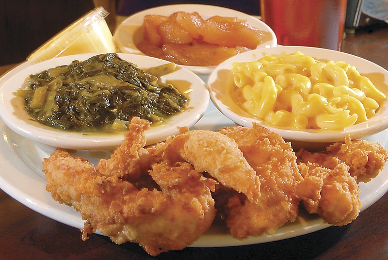 Wally's Restaurant on McCallie Avenue offers chicken strips with macaroni and cheese, turnip greens, baked apples and iced tea.
