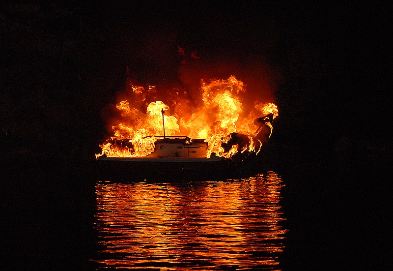 Contributed Photo
A boat burns Sunday night after an explosion on Watts Barr Lake.