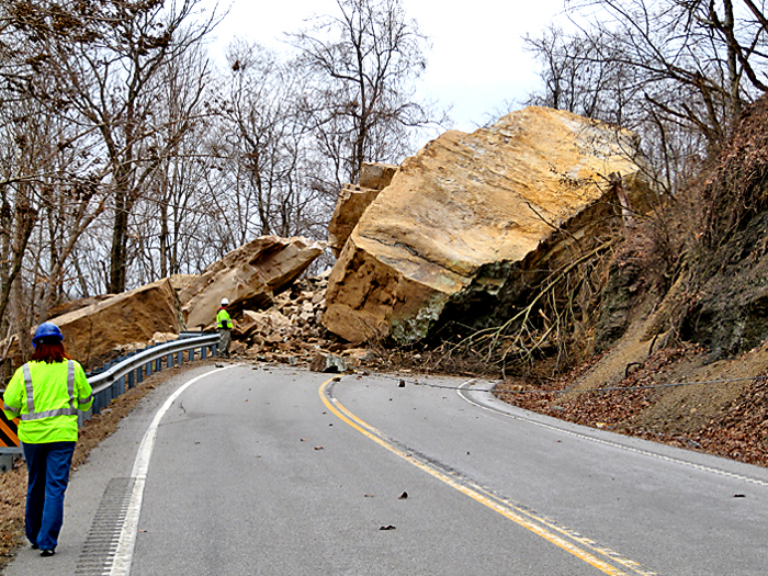 Crews breaking up boulders after Sunday rock slide on Route 108 in