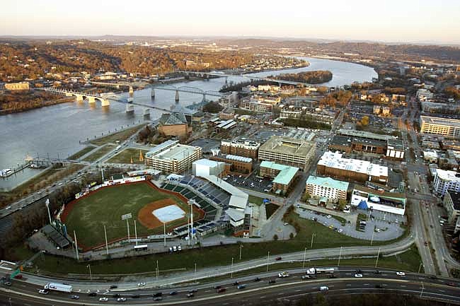 An aerial view of AT&T field and Downtown Chattanooga looking East.