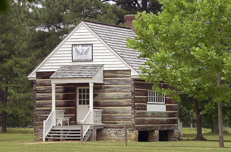 This reconstruction of the Cherokee Phoenix building, where a bilingual Cherokee newspaper was established, is one of several buildings at the New Echota State Park near Calhoun, Ga., close to the site where the last Cherokee capitol in Georgia was located.
Staff Photo by John Rawlston/Chattanooga Times Free Press