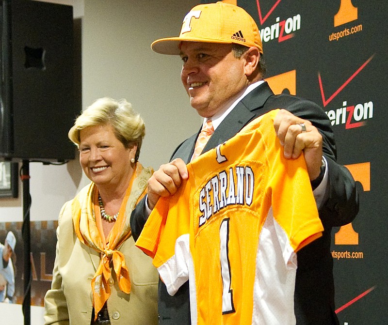 New Tennessee baseball head coach Dave Serrano, right,  is introduced to the media by interim athletic director Joan Cronan during a news conference on Thursday in Knoxville. The former Cal State Fullerton head coach was an assistant at Tennessee from 1995-96.