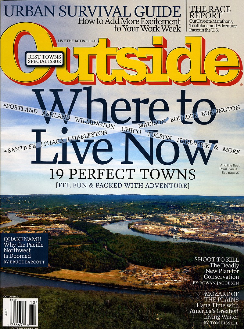 The cover of the October 2011 issue of Outside Magazine teases the "Where to Live Now" story, which profiles the winner of the 2011 contest, Chattanooga. The winner was determined through a social media contest and rulings from judges.