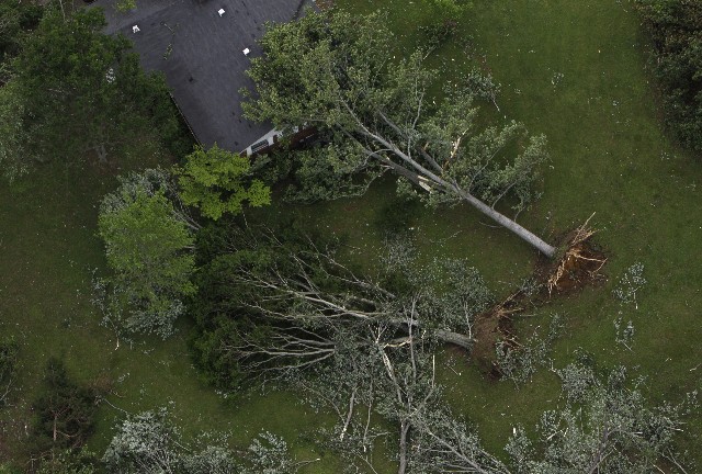 Uprooted trees rest against a Ringgold, Ga., house following the April 27 tornado.