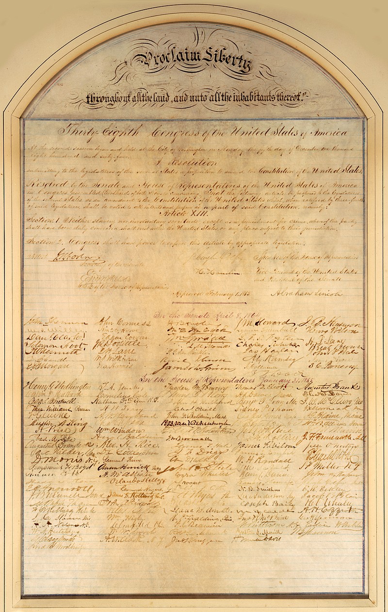 This undated image provided by Cornell University shows the 13th Amendment to the U.S. Constitution. Three historic documents that distinguished Abraham Lincoln's presidency will be put on rare display at Cornell University. An original handwritten copy of the Gettysburg Address and signed copies of the Emancipation Proclamation and the 13th Amendment to the U.S. Constitution will be part of the exhibit at Cornell's Carl A. Kroch Library.