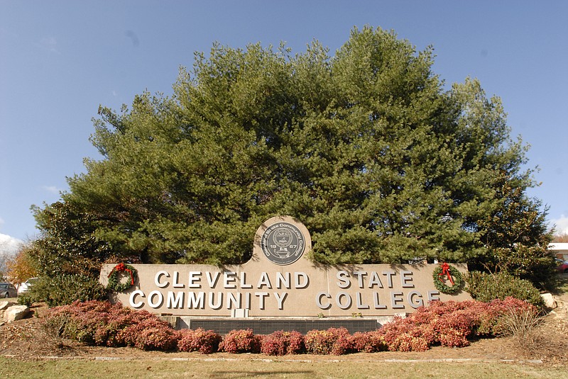 A sign is shown at the main entrance to Cleveland State Community College in Cleveland, Tennessee
