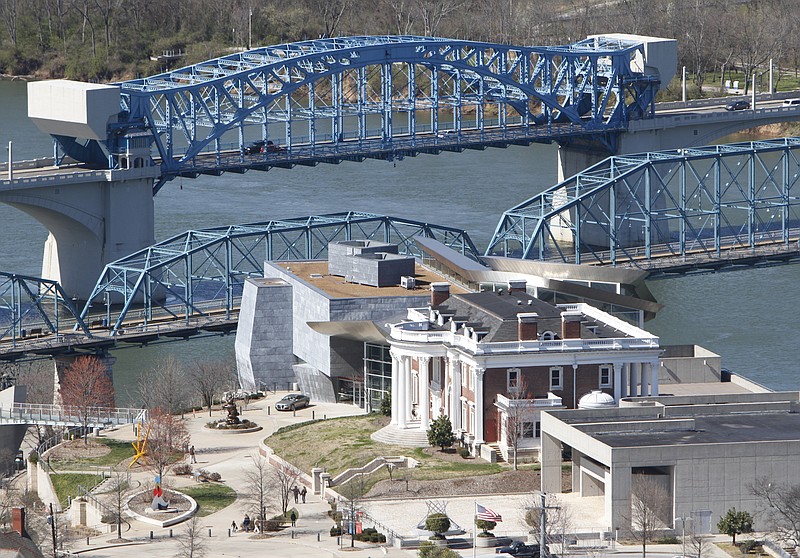 Aerial of downtown Chattanooga, the Tennessee River, the Bluff View district, Market St Bridge, and Walnut St Bridge