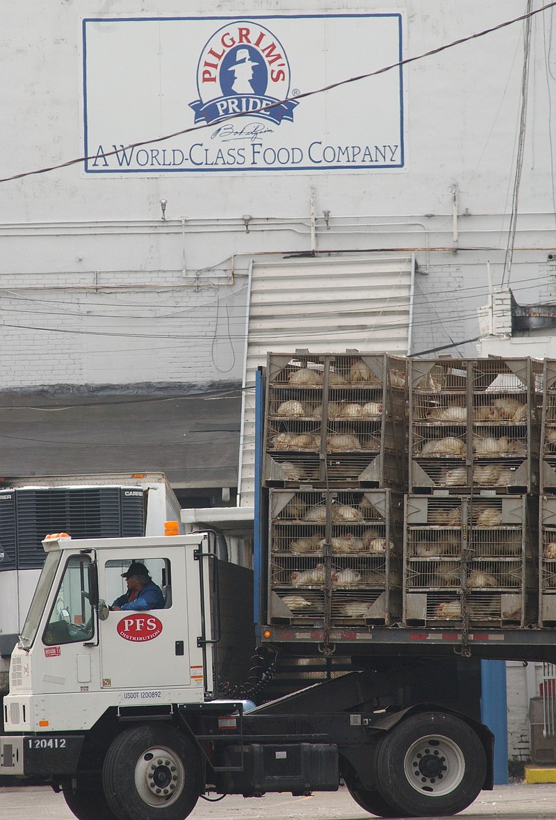 An employee unloads chickens off of a truck at the Pilgrim's Pride chicken processing plant on the corner of Broad and Main Streets in Chattanooga in this file photo.