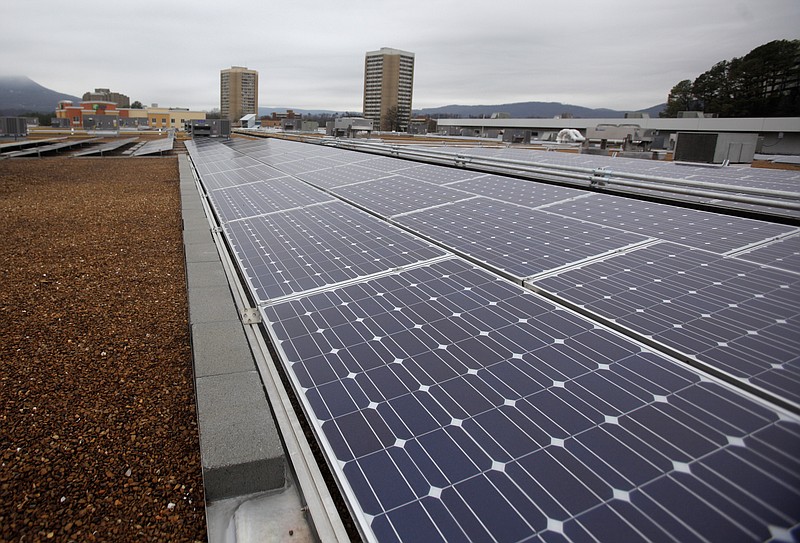This large solar array tops the BlueCross BlueShield of Tennessee Gateway Building, which was awarded gold LEED certification. Some in Chattanooga are worried that changes to the city's Office of Sustainability could take the bloom off the city's image of sustainability.