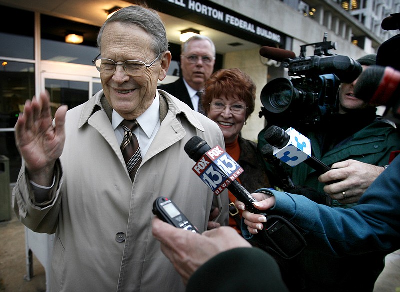 Former Tennessee state senator Ward Crutchfield waves off the media outside the federal building in Memphis in 2007 after being sentenced to two years' probation, six months of home confinement and a $3,000 fine for his role in the Tennessee Waltz public corruption sting.