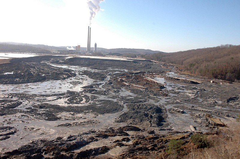 Coal ash from a 40-acre pond flows into the Emory River after a retention wall collapsed Dec. 22, 2008 at the Kingston Fossil Plant.