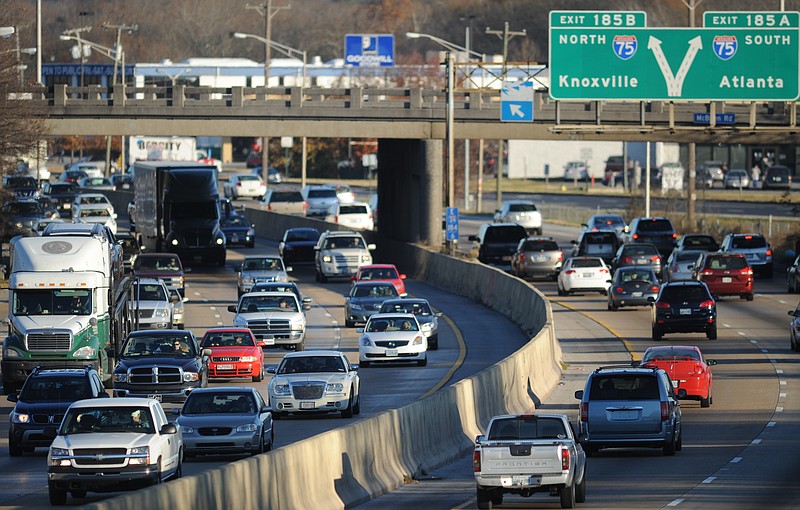 Traffic builds up on Interstate 24 near the I-75 split Sunday afternoon. The Sunday following the Thanksgiving holiday typically causes a traffic jam at the split, leaving cars at a standstill.