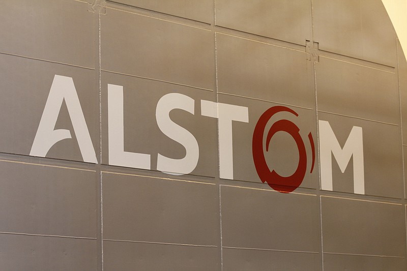 The Alstom logo is stamped onto the door of a turbine test facility inside the Alstom Power Turbines factory on Riverfront Parkway in Chattanooga on August 15, 2012.