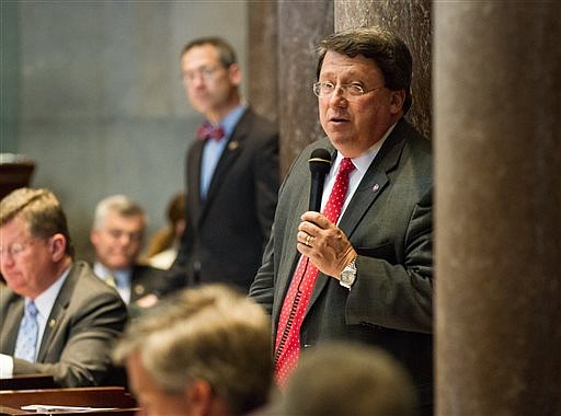 Senate Majority Leader Mark Norris, R-Collierville, speaks about Gov. Bill Haslam's annual spending plan on the Senate floor in Nashville, Tenn., on Wednesday, April 17, 2013. The chamber later unanimously approved the budget plan.