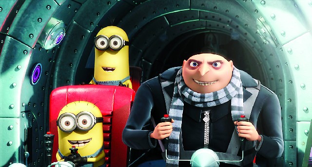 Gru, voiced by Steve Carell, and two of his minions in a scene from "Despicable Me," about a villain who meets his match in three little girls.