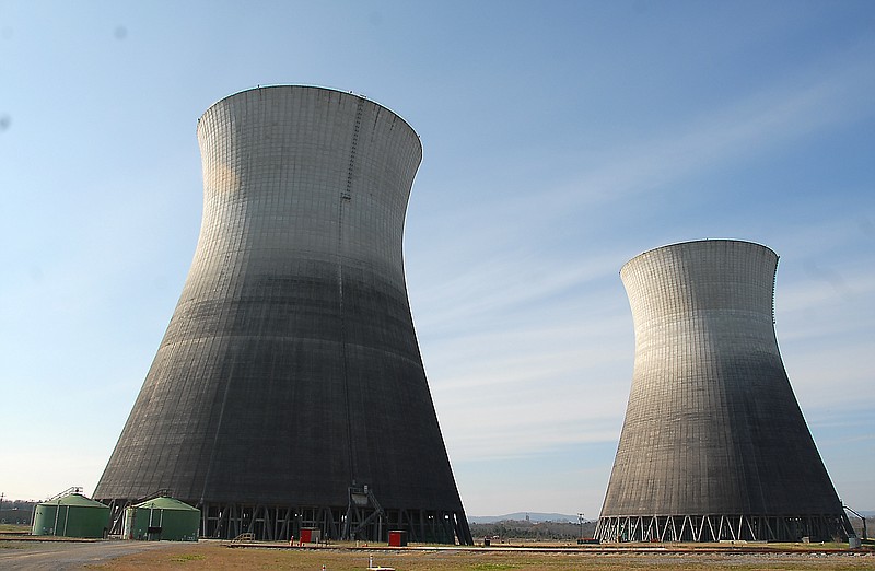 The two cooling towers at TVA's Bellefonte nuclear power plant in Hollywood, Ala., tower 500 feet above the ground.