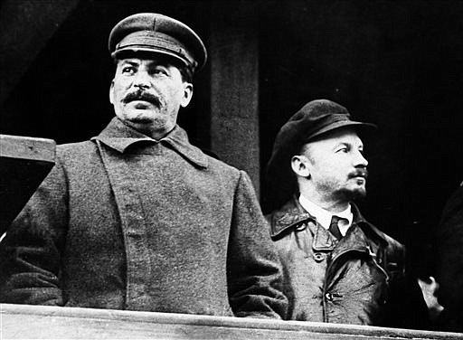 Former Russian leader Josef Stalin, from left to right,  and Soviet politician Nikolai Bukharin are seen together, in Moscow in this 1930, file photo.