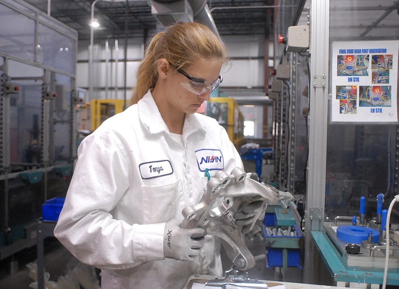 Tonya Stricklin assembles and checks the quality of brake components at Nissin Brake Georgia Inc. in this 2007 file photo.