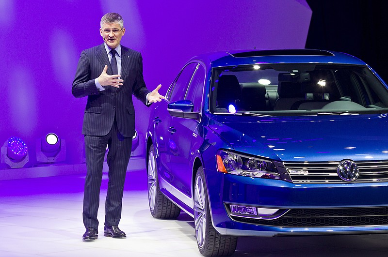 Michael Horn, president and CEO of Volkswagen of America, speaks about the Passat Blue Motion concept at the North American International Auto Show in Detroit, Mich.