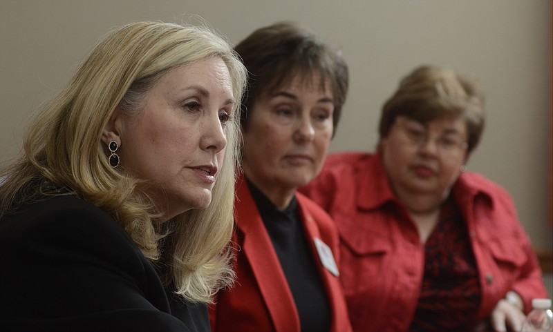 Tennessee Education Association CEO Carolyn Crowder, Tennessee Education Association President Gera Summerford and Hamilton County Education Association President Sandy Hughes, from left, speak Tuesday to reporters and editors of the Chattanooga Times Free Press.