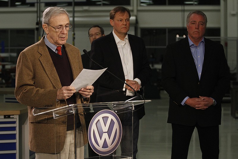 Retired circuit judge Sam Payne announces that Volkswagen employees voted to deny representation by the United Auto Workers labor union. Also pictured are Frank Fischer, Chairman and CEO of the Volkswagen Group of America, and Gary Casteel, U.A.W Region 8 Director in this 2014 file photo.