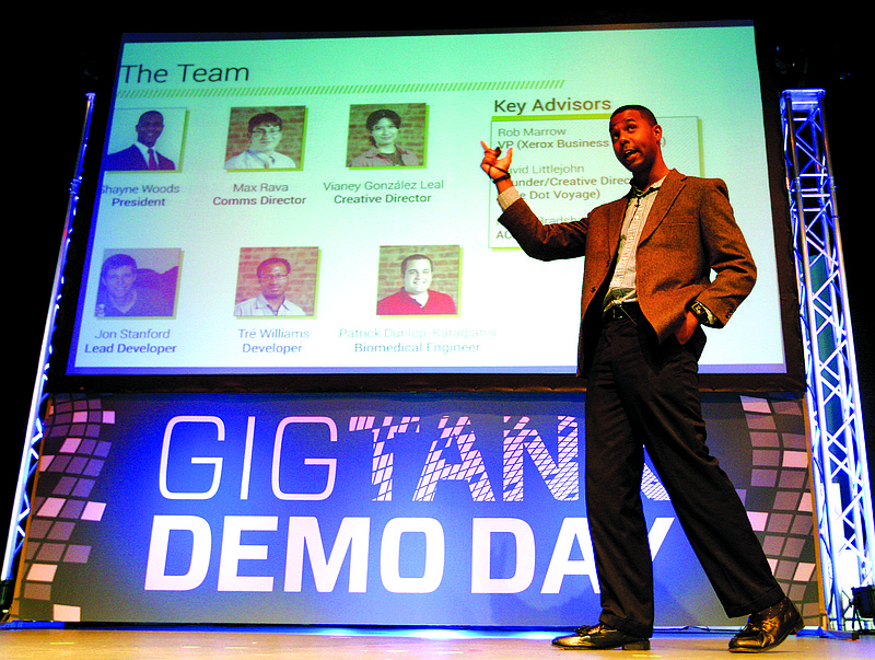 Shayne Woods, president of Chattanooga-based healthcare technology startup FwdHealth, talks about the company's integration of health tracking apps during the Gig Tank Demo Day in this 2014 file photo.