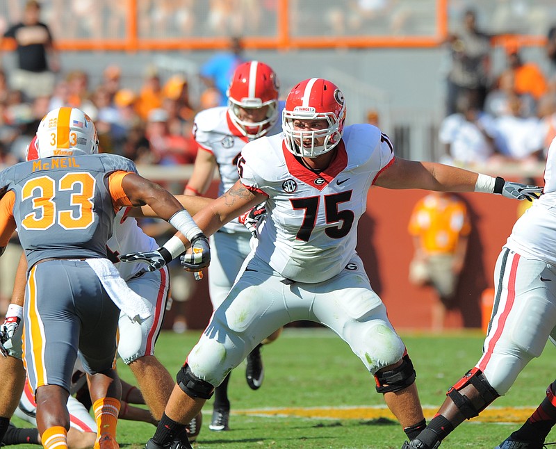 Georgia offensive lineman Kolton Houston plays against the Tennessee Vols in this file photo.