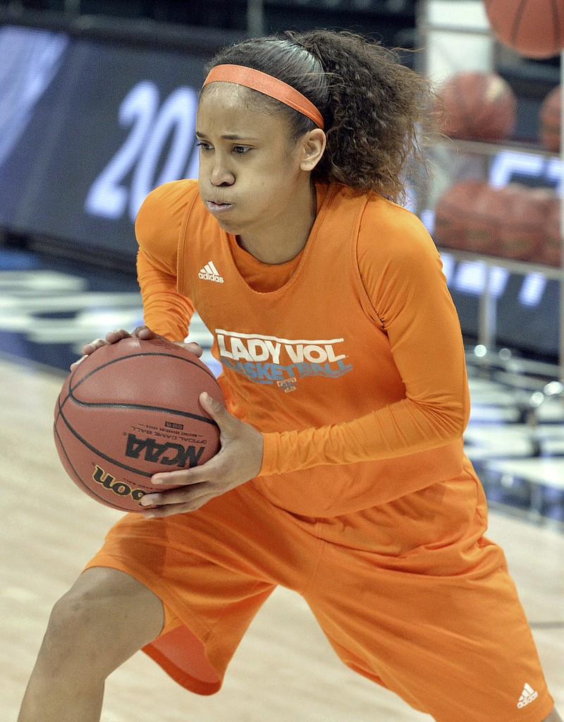 Tennessee's Meighan Simmons participates in shooting drills during practice at the NCAA college basketball tournament in Louisville, Ky., on Saturday. Tennessee plays Maryland in a regional semifinal Sunday.