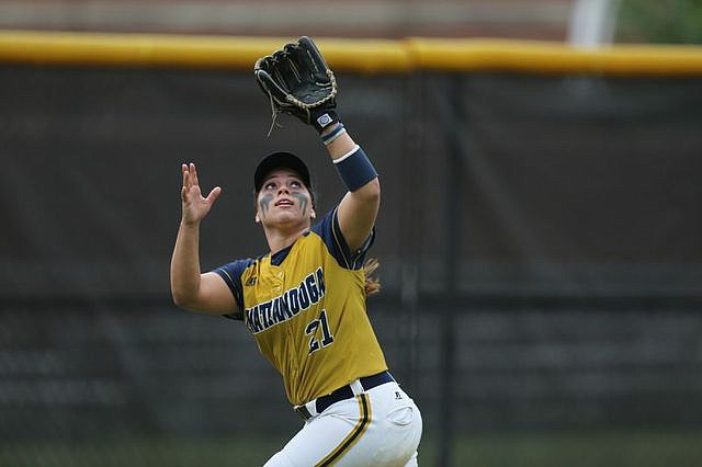 UTC outfielder Nicole Osterman tracks down a fly ball in the Lady Mocs' 4-3 win over UNC Greensboro on Saturday in the championship game of the Southern Conference softball tournament in Greensboro, N.C.