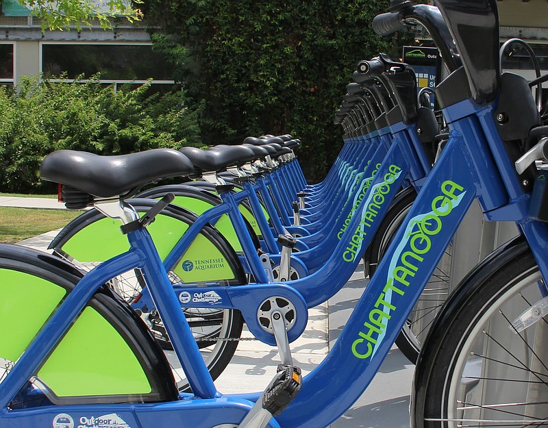 Bicycles are lined up in a Bike Share rack in North Chattanooga.