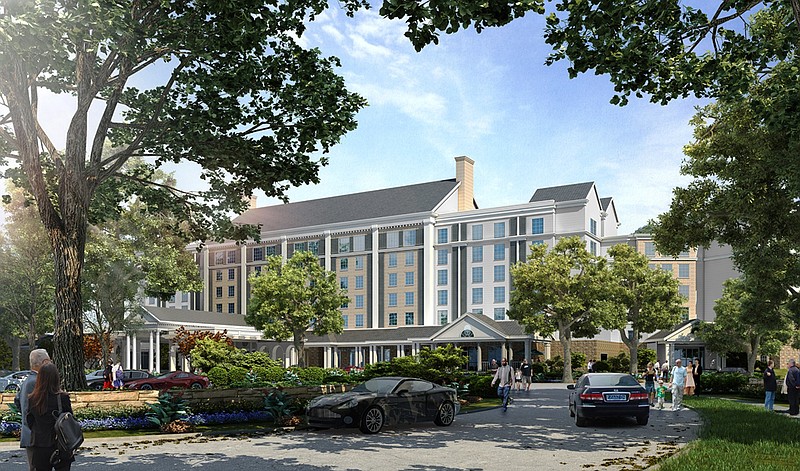 
              This artist's rendering provided by Elvis Presley Enterprises shows The Guest House at Graceland, a new 450-room hotel to be built at the Graceland tourist attraction in Memphis. Once built, the hotel will include two restaurants, meeting and special events space, and a 500-seat theater for live performances. (AP Photo/Elvis Presley Enterprises)
            