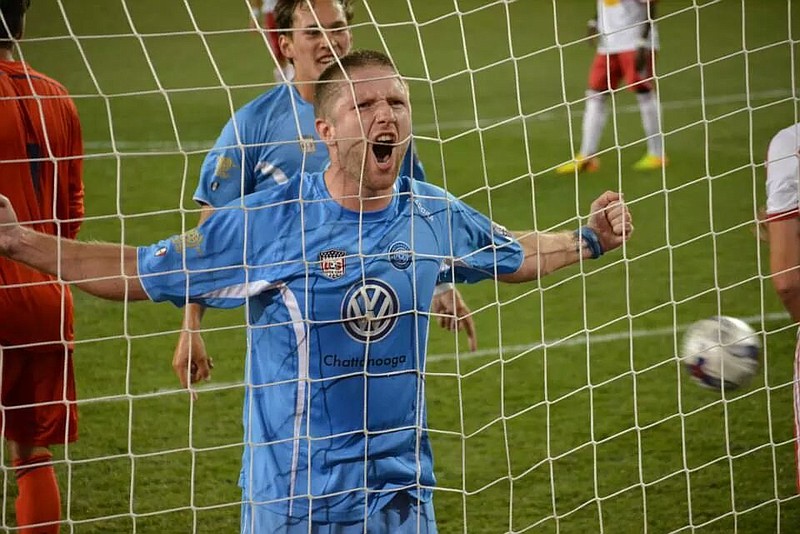 Chattanooga Football Club's Luke Winter celebrates after scoring in the first half of the National Premier Soccer League championship game Saturday night. Chattanooga FC lost 3-1 to the New York Red Bull U-23 team. (Contributed Photo/Tracey Stiegker)