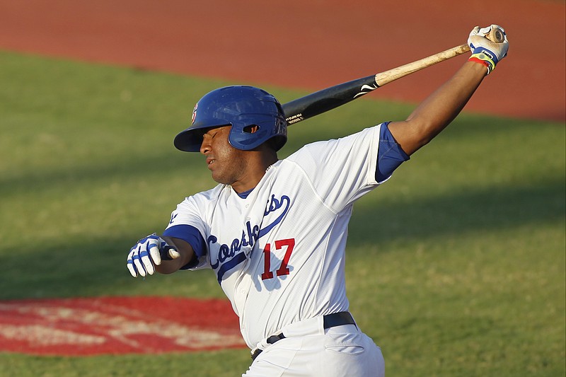 Lookouts batter Daniel Mayora strikes out Thursday, Aug. 14, 2014, during Chatanooga's home game against Jacksonville at AT&T Field in Chattanooga, Tenn.