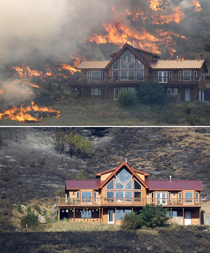 
              FILE - This combination of photos shows a house on a hillside near Cle Elum, Wash., surrounded by wildfire flames on Aug. 14, 2012, top, and afterwards on Aug. 15, 2012, bottom. A spokesman for the Washington state Department of Natural Resources said the house survived the fire because of the defensible space around the structure with the placement of the driveway and the lack of trees and brush up against the house, preventing flames from reaching it. (AP Photo/Elaine Thompson, File)
            
