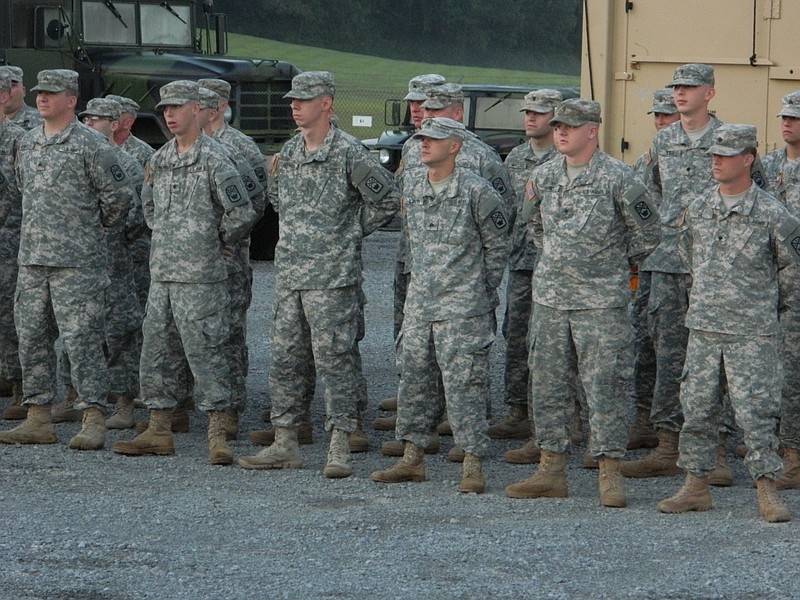 Soldiers of the 252nd Military Police Company stand in formation during morning roll call at the motor pool of the National Guard Armory on Dalton Pike in Cleveland, Tenn. The unit departed Friday to undergo training in New Jersey prior to a one-year deployment in Kuwait in support of Operation Enduring Freedom.