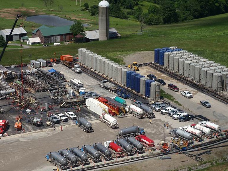 
              This 2012 image provided by Stanford University, shows fracking operations at a wellpad overlying the Marcellus Formation in Pennsylvania.  A new study says that the drilling procedure called fracking didn't cause much-publicized cases of tainted water, blaming contamination on leaky natural gas wells instead.  (AP Photo/Stanford University, Rob Jackson)
            