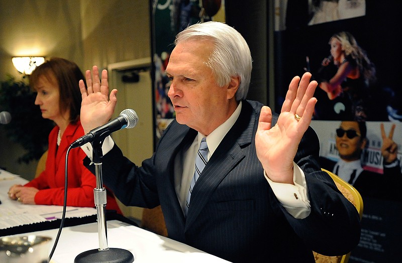 
              FILE - In this Feb. 6, 2014, file photo, Senate Speaker Ron Ramsey, R-Blountville, speaks during a legislative planning session sponsored by The Associated Press and the Tennessee Press Association in Nashville, Tenn. The appointment of a Republican attorney general on Monday, Sept. 15, 2014, signals the latest example of a Ramsey victory despite the earlier setback of failing to defeat Democratic Supreme Court justices in the August retention elections. (AP Photo/Mark Zaleski, file)
            