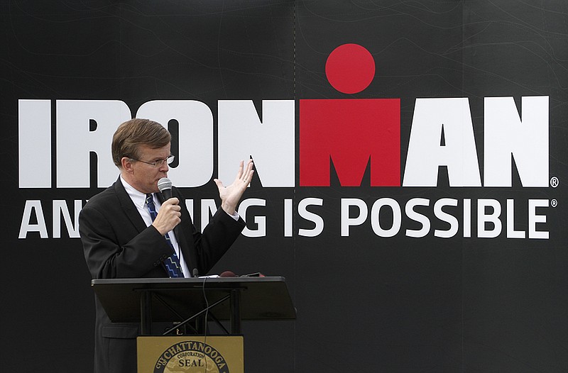 Bob Doak, president and CEO of the Chattanooga Convention and Visitors Bureau, announces in June, 2014 that McKee Foods will be the title sponsor for the inaugural Little Debbie Chattanooga Ironman event.