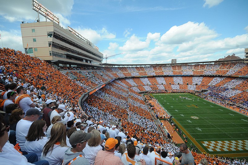 Neyland Stadium is filled with checkerboard orange and white as Tennessee takes on Florida in this file photo.