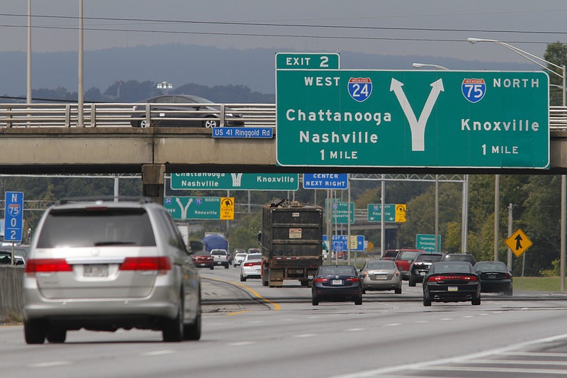 Motorists travel northbound on I-75 approaching the I-75/I-24 split on Monday.
